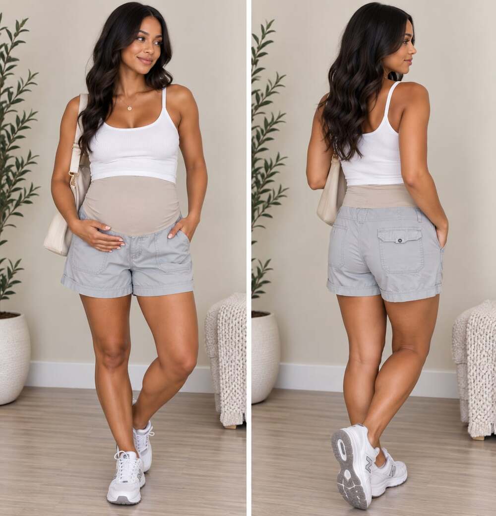 Cargo Maternity Shorts Motherhood Beige Utility Stretch Belly Band Large